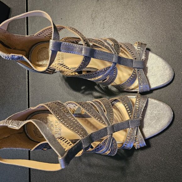 Vince Camuto Silver Suede Strappy Block Heels - Picture 3 of 8